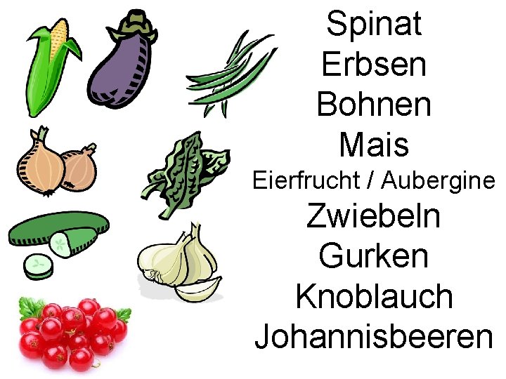 Spinat Erbsen Bohnen Mais Eierfrucht / Aubergine Zwiebeln Gurken Knoblauch Johannisbeeren 