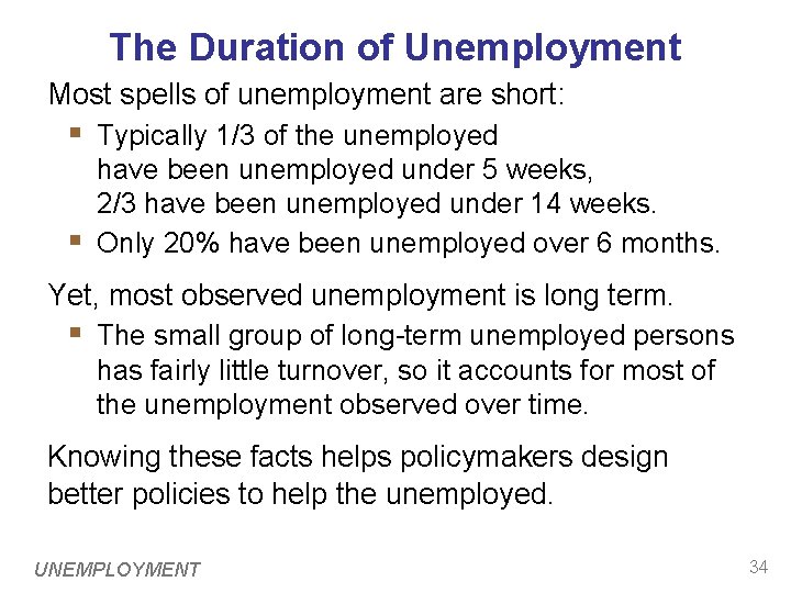 The Duration of Unemployment Most spells of unemployment are short: § Typically 1/3 of