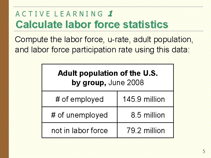 ACTIVE LEARNING 1 Calculate labor force statistics Compute the labor force, u-rate, adult population,