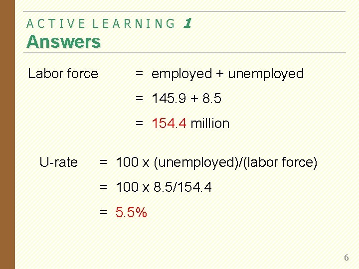 ACTIVE LEARNING 1 Answers Labor force = employed + unemployed = 145. 9 +