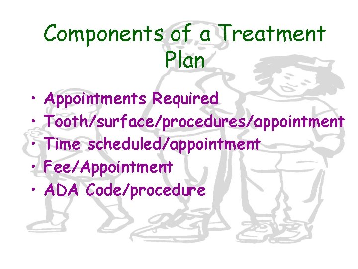 Components of a Treatment Plan • • • Appointments Required Tooth/surface/procedures/appointment Time scheduled/appointment Fee/Appointment