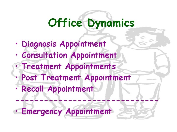 Office Dynamics • Diagnosis Appointment • Consultation Appointment • Treatment Appointments • Post Treatment