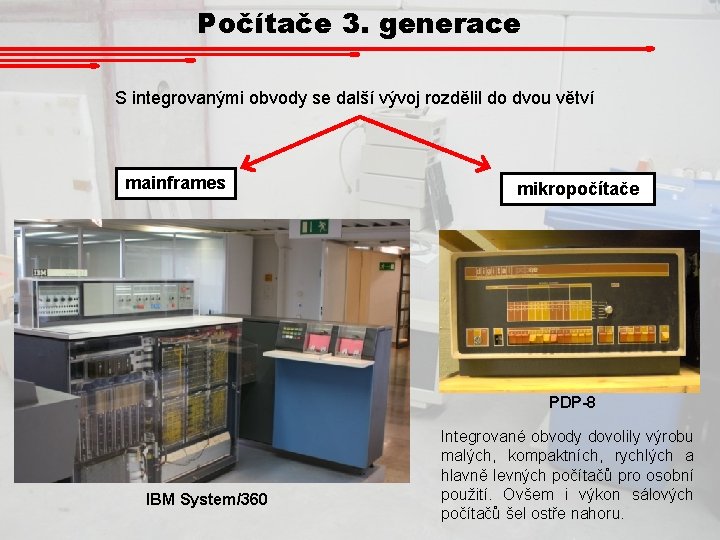 Počítače 3. generace S integrovanými obvody se další vývoj rozdělil do dvou větví mainframes
