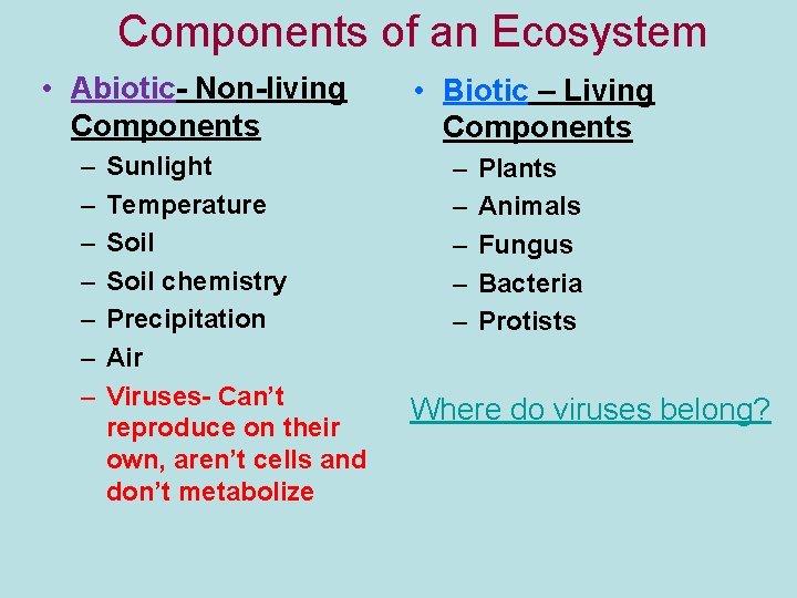 Components of an Ecosystem • Abiotic- Non-living Components – – – – Sunlight Temperature