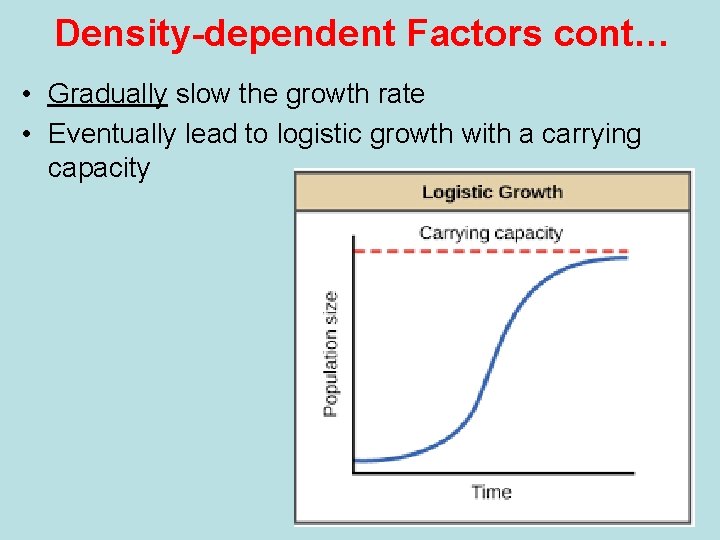 Density-dependent Factors cont… • Gradually slow the growth rate • Eventually lead to logistic