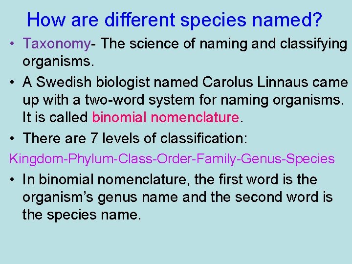 How are different species named? • Taxonomy- The science of naming and classifying organisms.