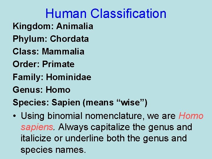 Human Classification Kingdom: Animalia Phylum: Chordata Class: Mammalia Order: Primate Family: Hominidae Genus: Homo