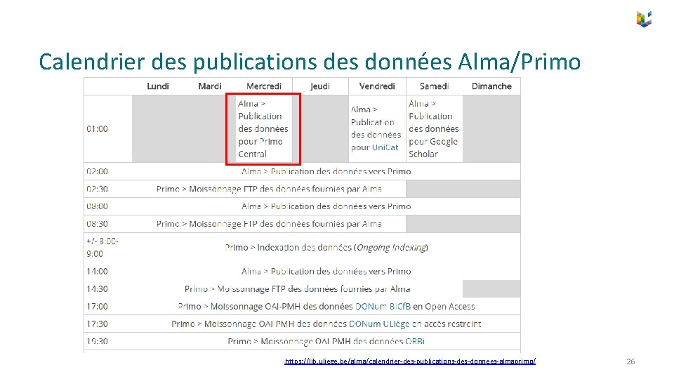 Calendrier des publications des données Alma/Primo https: //lib. uliege. be/alma/calendrier-des-publications-des-donnees-almaprimo/ 26 