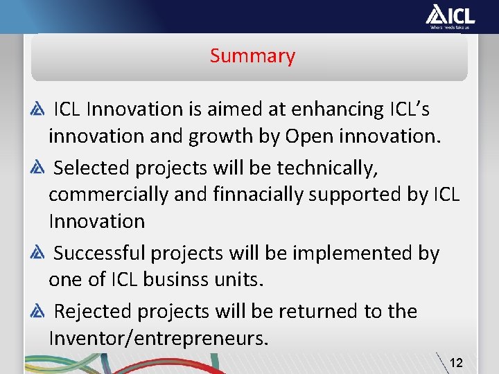 Summary ICL Innovation is aimed at enhancing ICL’s innovation and growth by Open innovation.