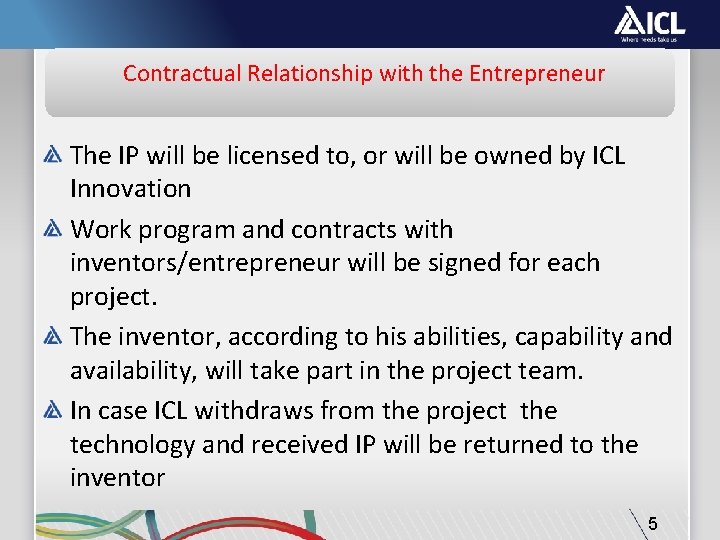 Contractual Relationship with the Entrepreneur The IP will be licensed to, or will be