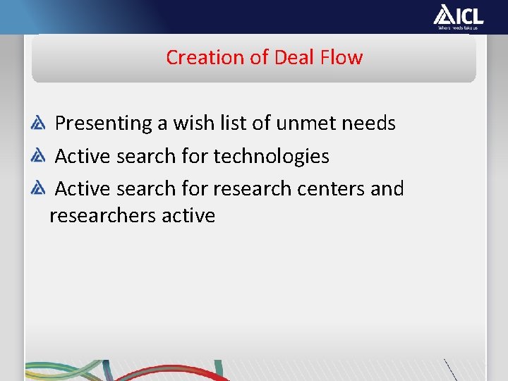 Creation of Deal Flow Presenting a wish list of unmet needs Active search for