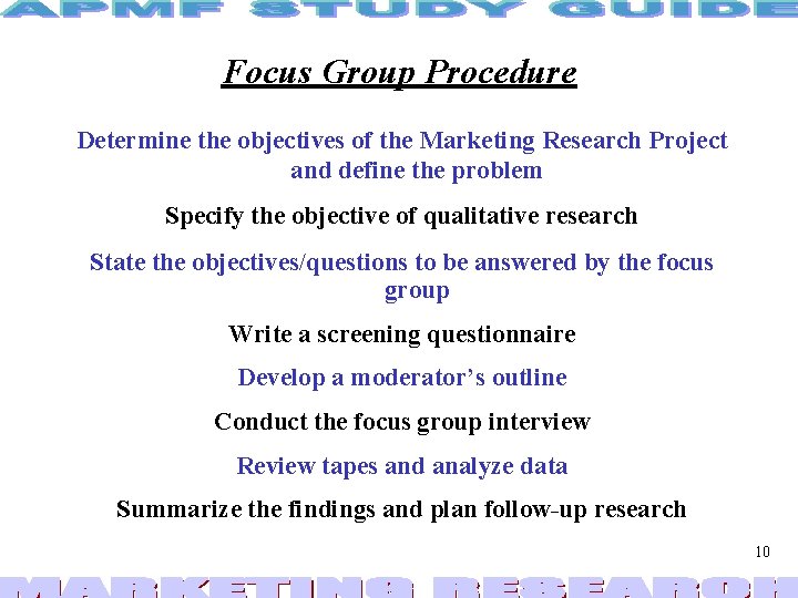 Focus Group Procedure Determine the objectives of the Marketing Research Project and define the