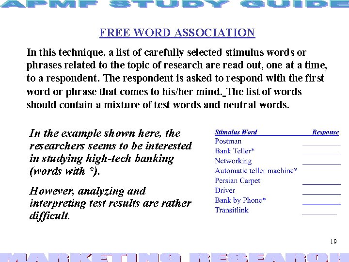 FREE WORD ASSOCIATION In this technique, a list of carefully selected stimulus words or