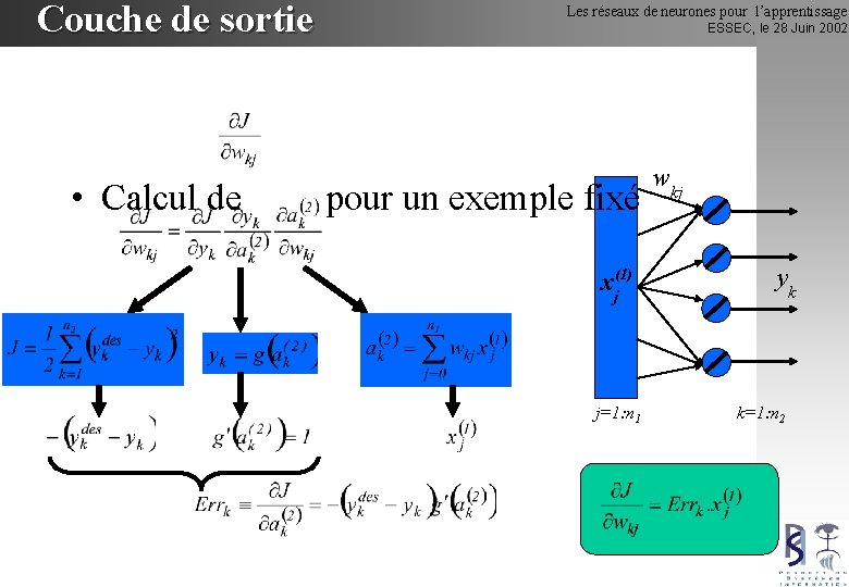 Couche de sortie Les réseaux de neurones pour l’apprentissage ESSEC, le 28 Juin 2002