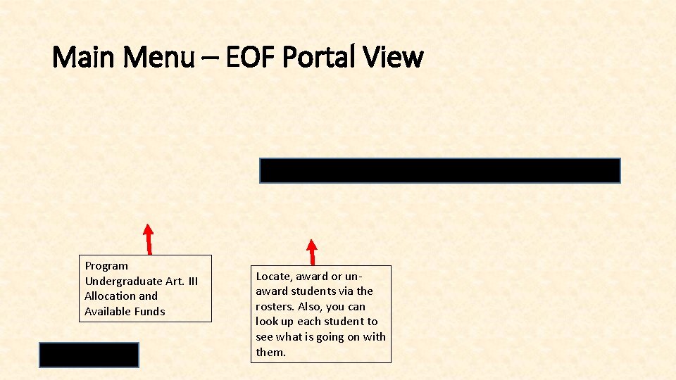 Main Menu – EOF Portal View Program Undergraduate Art. III Allocation and Available Funds