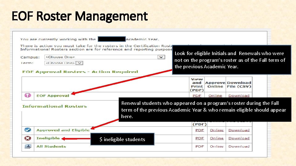 EOF Roster Management Look for eligible Initials and Renewals who were not on the