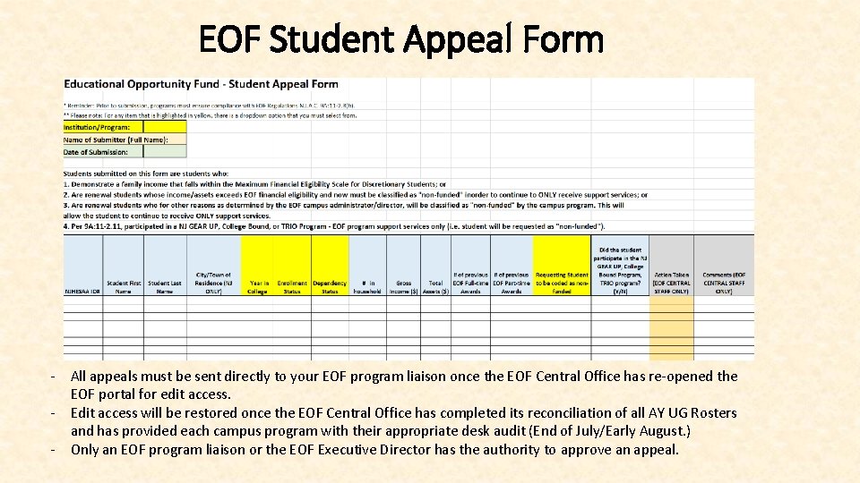 EOF Student Appeal Form - All appeals must be sent directly to your EOF