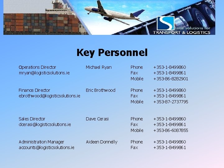 LSI Key Personnel Operations Director mryan@logisticsolutions. ie Michael Ryan Phone Fax Mobile +353 -1 LSI Key Personnel Operations Director mryan@logisticsolutions. ie Michael Ryan Phone Fax Mobile +353 -1