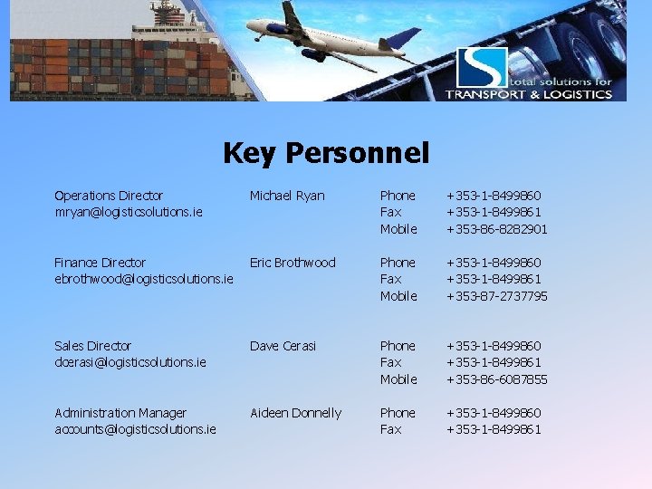 LSI Key Personnel Operations Director mryan@logisticsolutions. ie Michael Ryan Phone Fax Mobile +353 -1