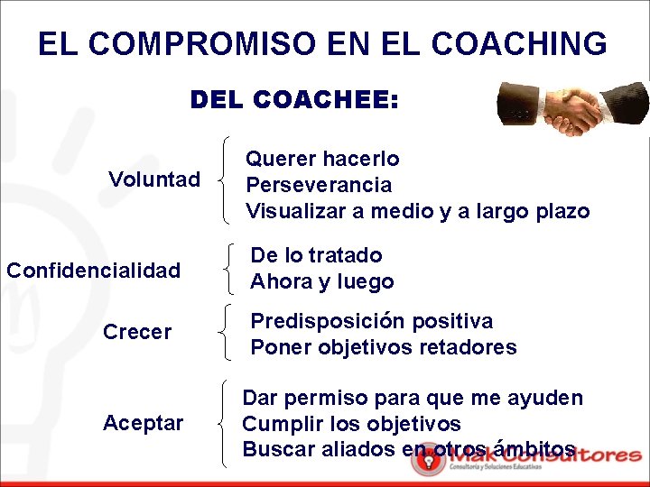 EL COMPROMISO EN EL COACHING DEL COACHEE: Voluntad Confidencialidad Crecer Aceptar Querer hacerlo Perseverancia