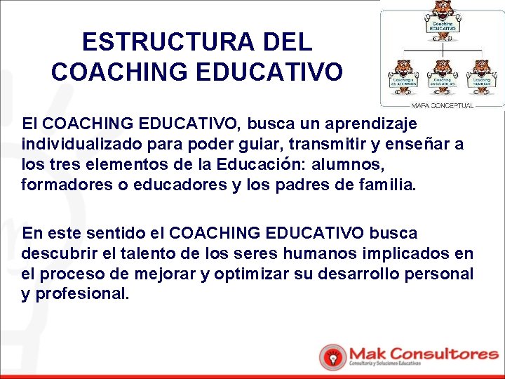 ESTRUCTURA DEL COACHING EDUCATIVO El COACHING EDUCATIVO, busca un aprendizaje individualizado para poder guiar,