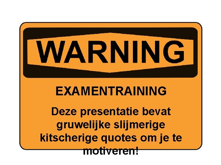 EXAMENTRAINING Deze presentatie bevat gruwelijke slijmerige kitscherige quotes om je te motiveren! 
