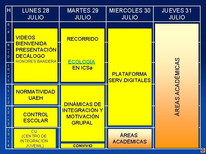 H LUNES 28 JULIO MARTES 29 JULIO VIDEOS BIENVENIDA PRESENTACIÓN DECÁLOGO RECORRIDO MIERCOLES 30