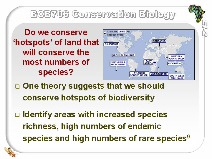 Do we conserve ‘hotspots’ of land that will conserve the most numbers of species? Do we conserve ‘hotspots’ of land that will conserve the most numbers of species?