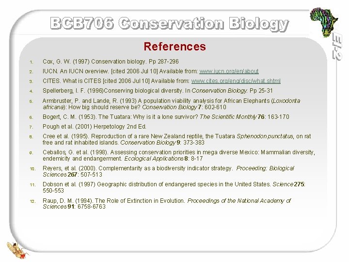 References 1. Cox, G. W. (1997) Conservation biology. Pp 287 -296 2. IUCN. An References 1. Cox, G. W. (1997) Conservation biology. Pp 287 -296 2. IUCN. An