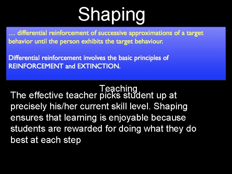 Shaping Teaching The effective teacher picks student up at precisely his/her current skill level.