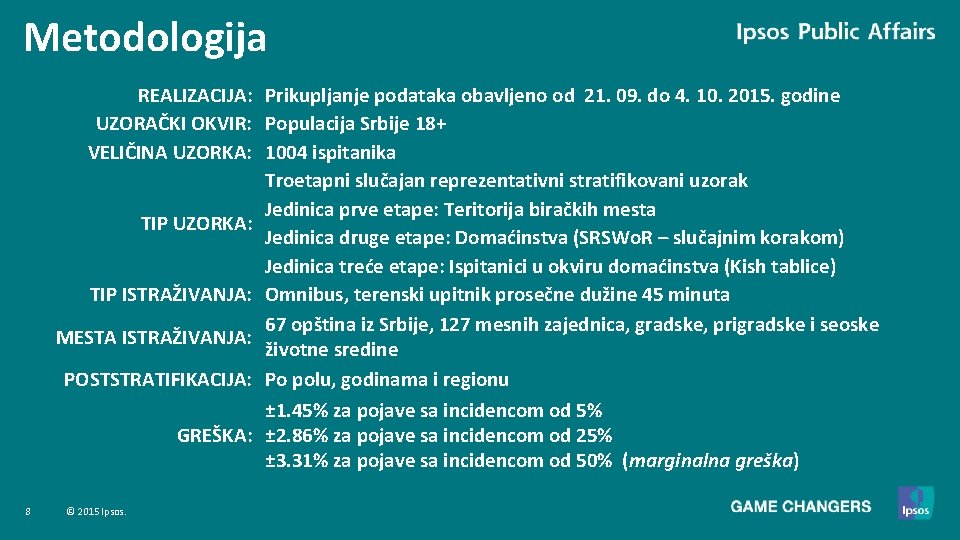 Metodologija REALIZACIJA: Prikupljanje podataka obavljeno od 21. 09. do 4. 10. 2015. godine UZORAČKI