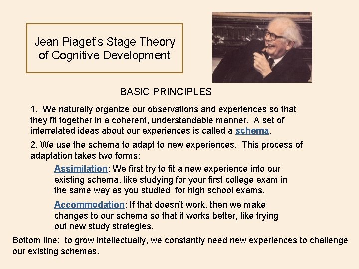 Jean Piaget’s Stage Theory of Cognitive Development BASIC PRINCIPLES 1. We naturally organize our