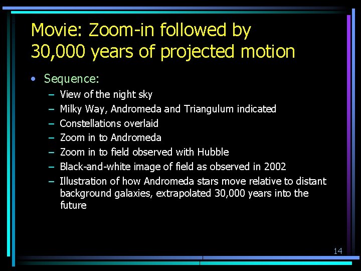 Movie: Zoom-in followed by 30, 000 years of projected motion • Sequence: – –