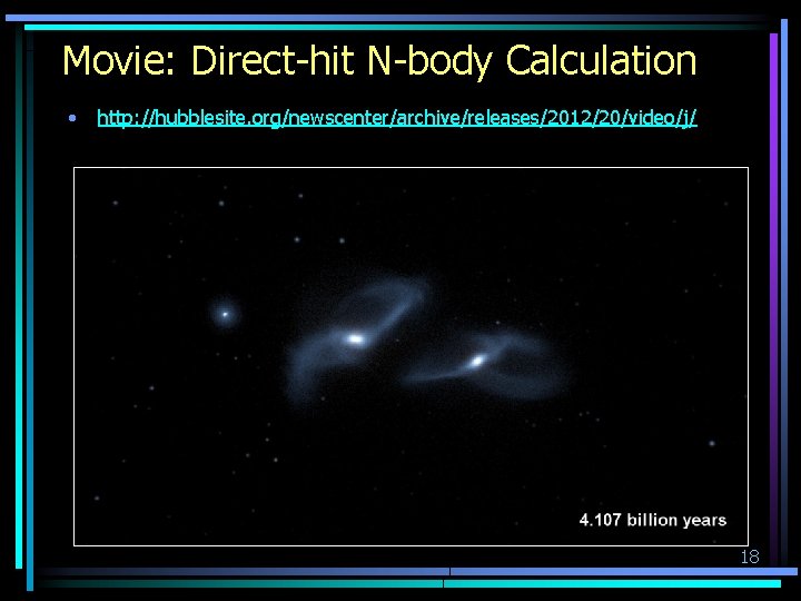 Movie: Direct-hit N-body Calculation • http: //hubblesite. org/newscenter/archive/releases/2012/20/video/j/ 18 
