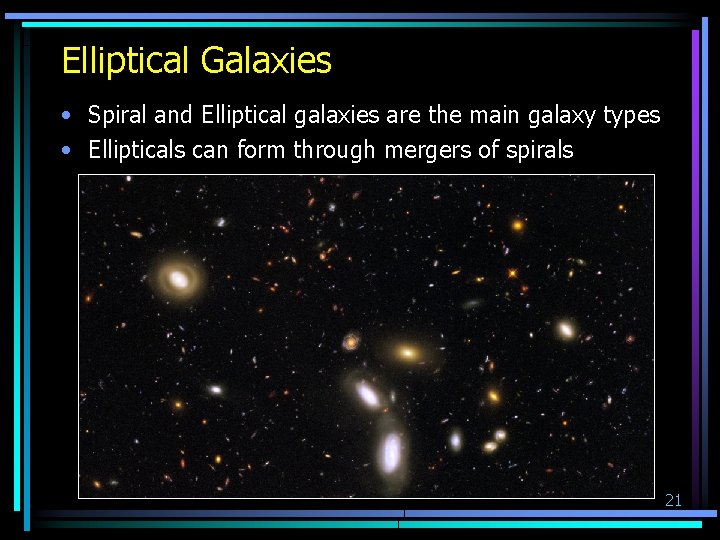 Elliptical Galaxies • Spiral and Elliptical galaxies are the main galaxy types • Ellipticals