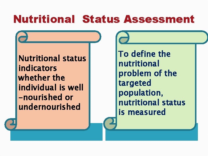 Nutritional Status Assessment Nutritional status indicators whether the individual is well -nourished or undernourished