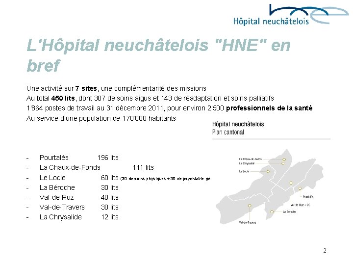 L'Hôpital neuchâtelois "HNE" en bref Une activité sur 7 sites, une complémentarité des missions