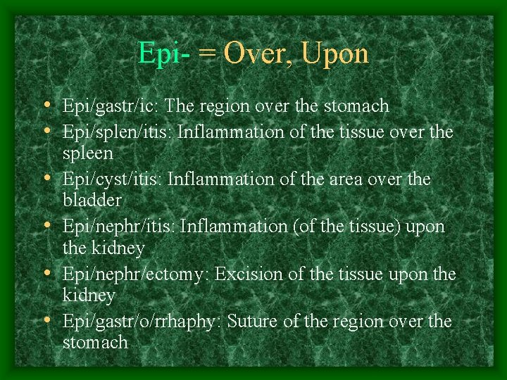 Epi- = Over, Upon • Epi/gastr/ic: The region over the stomach • Epi/splen/itis: Inflammation