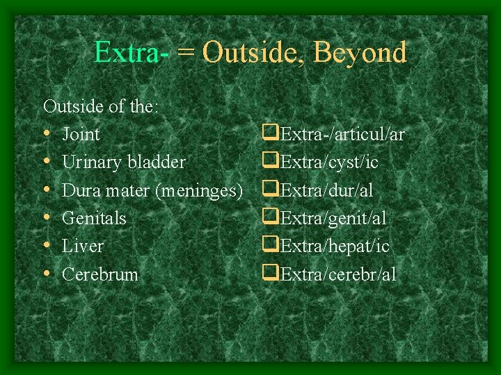 Extra- = Outside, Beyond Outside of the: • Joint • Urinary bladder • Dura