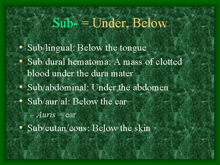 Sub- = Under, Below • Sub/lingual: Below the tongue • Sub/dural hematoma: A mass