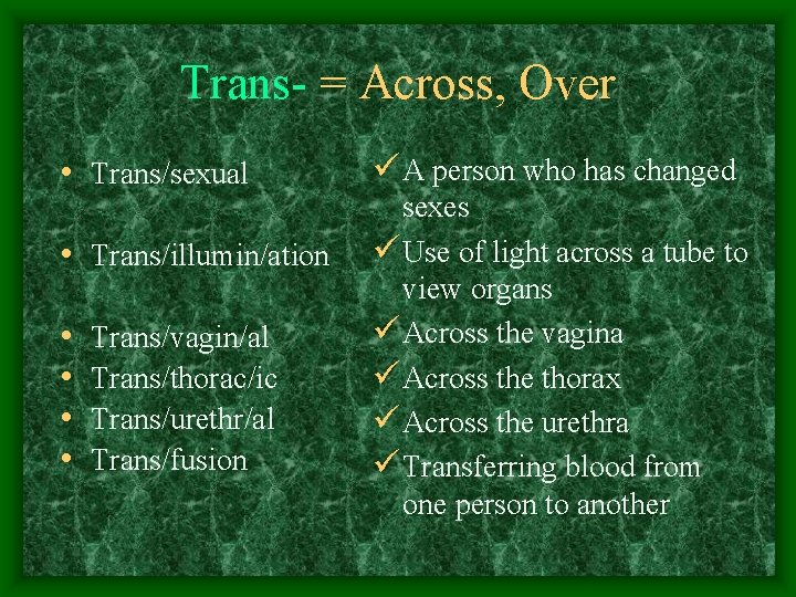 Trans- = Across, Over • Trans/sexual • Trans/illumin/ation • • Trans/vagin/al Trans/thorac/ic Trans/urethr/al Trans/fusion