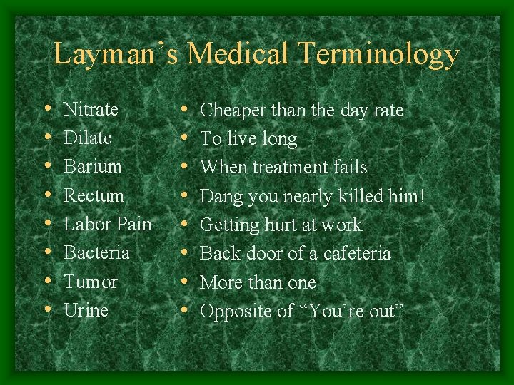 Layman’s Medical Terminology • • Nitrate Dilate Barium Rectum Labor Pain Bacteria Tumor Urine