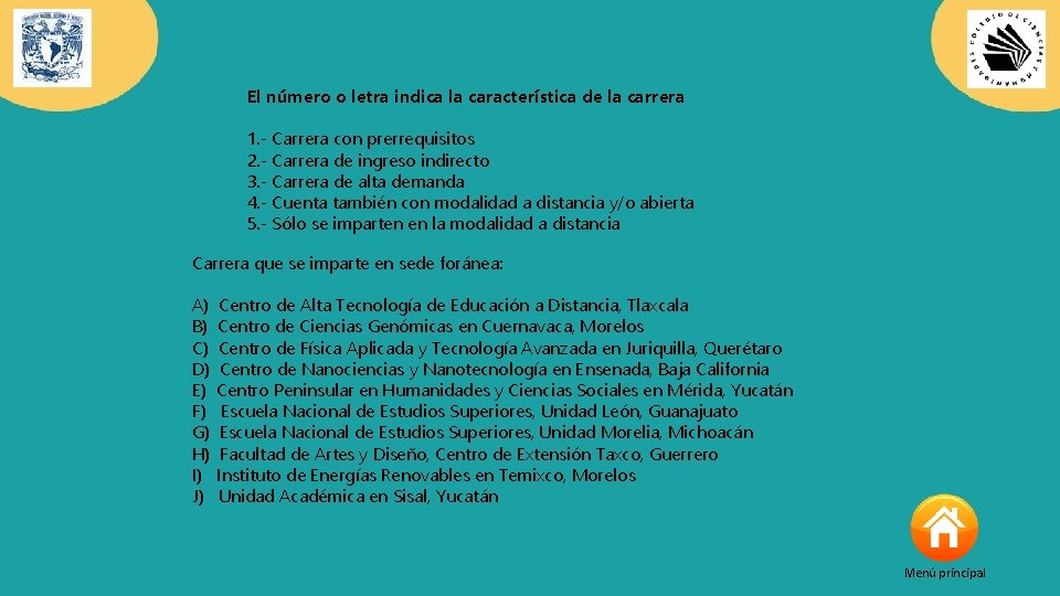 El número o letra indica la característica de la carrera 1. - Carrera con