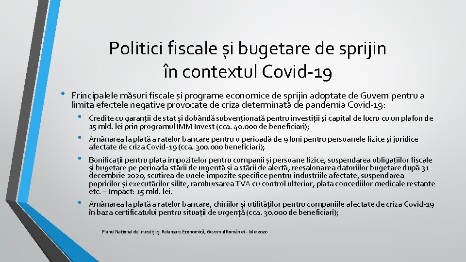 Politici fiscale și bugetare de sprijin în contextul Covid-19 • Principalele măsuri fiscale și