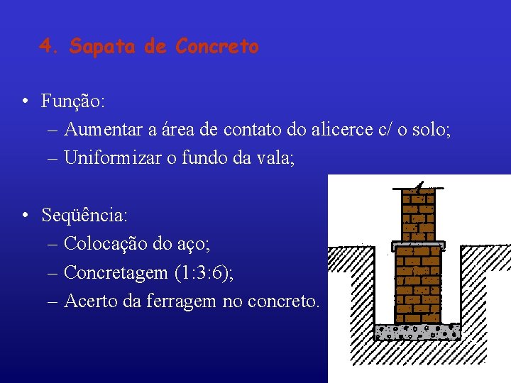 4. Sapata de Concreto • Função: – Aumentar a área de contato do alicerce