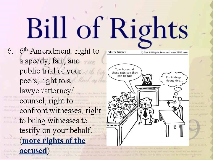 6. 6 th Amendment: right to a speedy, fair, and public trial of your