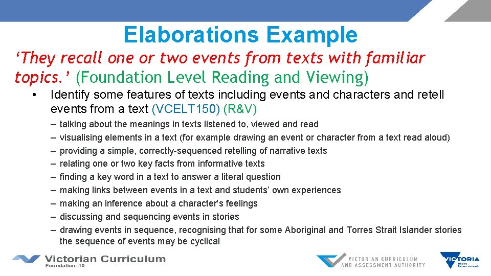 Elaborations Example ‘They recall one or two events from texts with familiar topics. ’