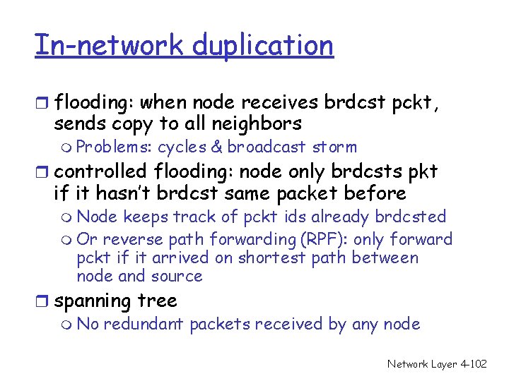 In-network duplication r flooding: when node receives brdcst pckt, sends copy to all neighbors In-network duplication r flooding: when node receives brdcst pckt, sends copy to all neighbors