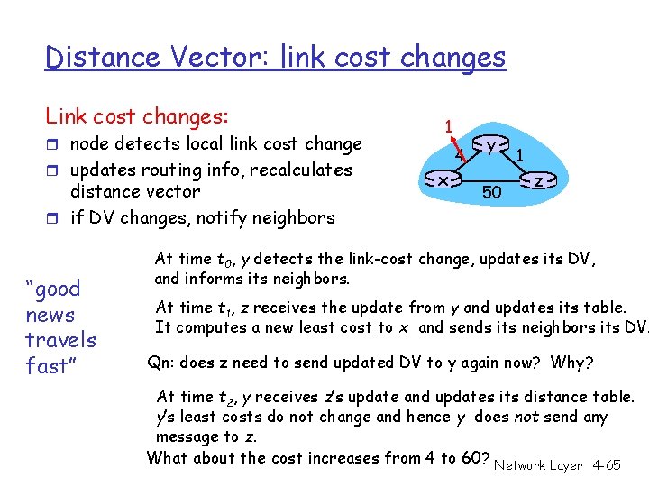 Distance Vector: link cost changes Link cost changes: r node detects local link cost Distance Vector: link cost changes Link cost changes: r node detects local link cost