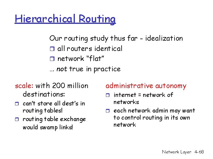 Hierarchical Routing Our routing study thus far - idealization r all routers identical r Hierarchical Routing Our routing study thus far - idealization r all routers identical r